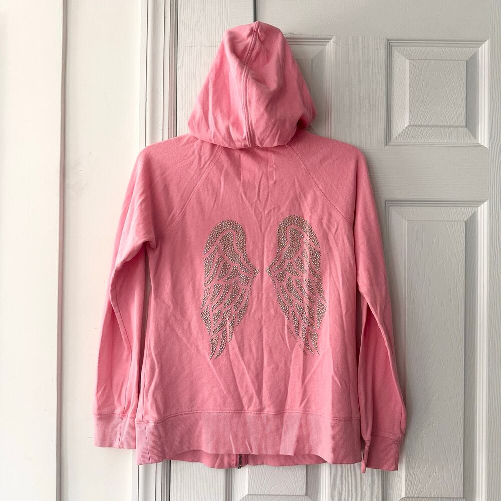 Victoria's Secret Girly Pink Y2K Angel Wings Back Embellished Full Zip Hoodie M